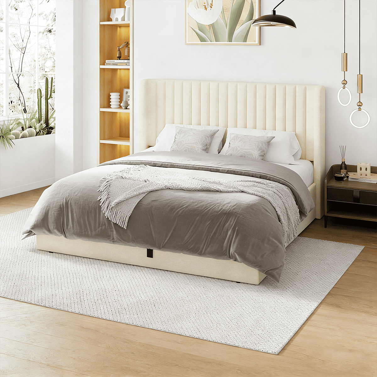 Winkalon Full Size Lift-Up Storage Bed Frame with Modern Wingback Headboard, Linen Upholstered Platform Bed, Hydraulic Gas Lift Support, Underbed Storage, Wooden Slats, No Box Spring Needed, Beige