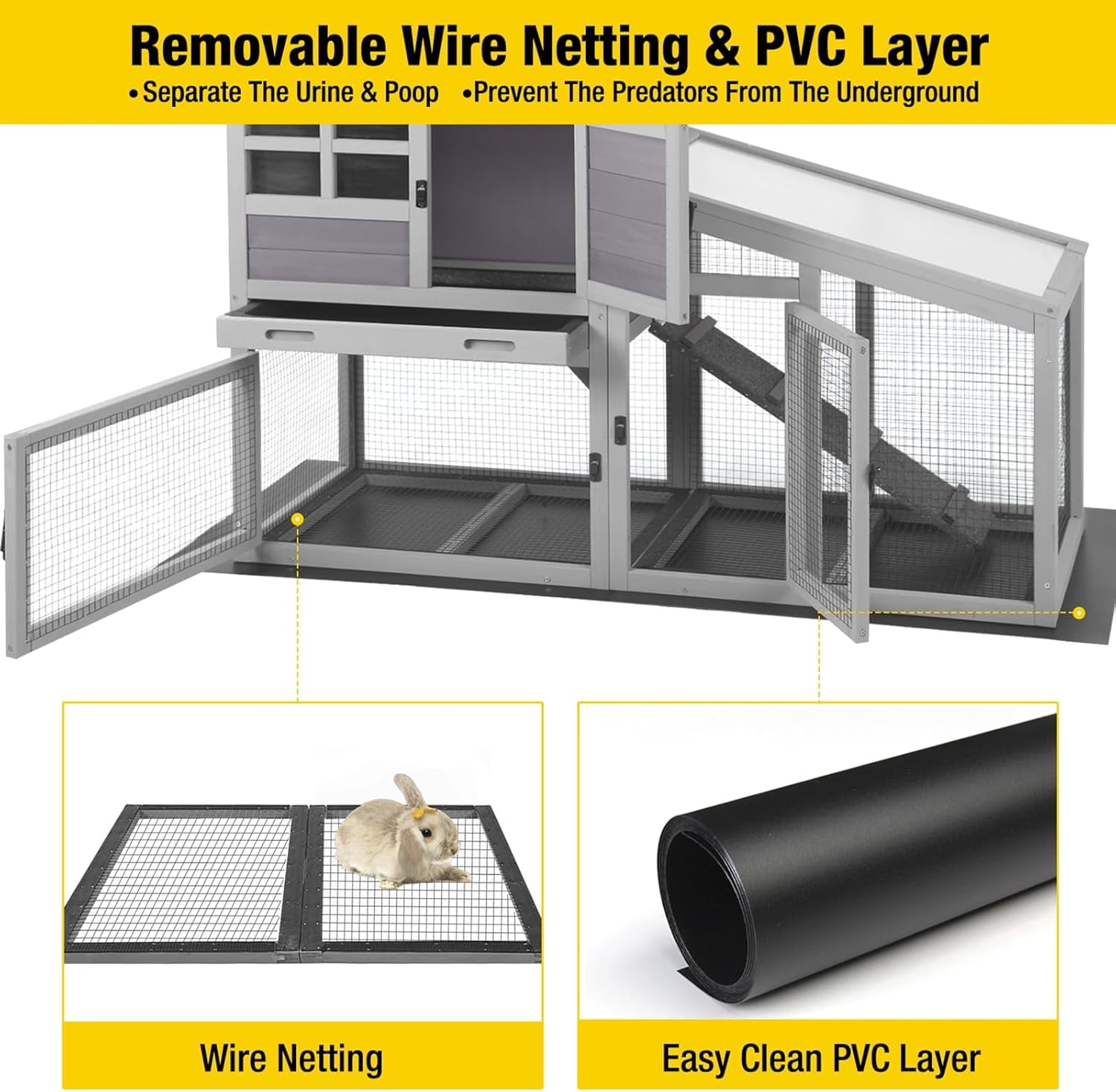MEDEHOO Rabbit Hutch Outdoor Chickecn Coop with PVC Layer Wooden Bunny Cage Guinea Pig Houses Indoor with Pull Out Tray,Bottom Wire Netting