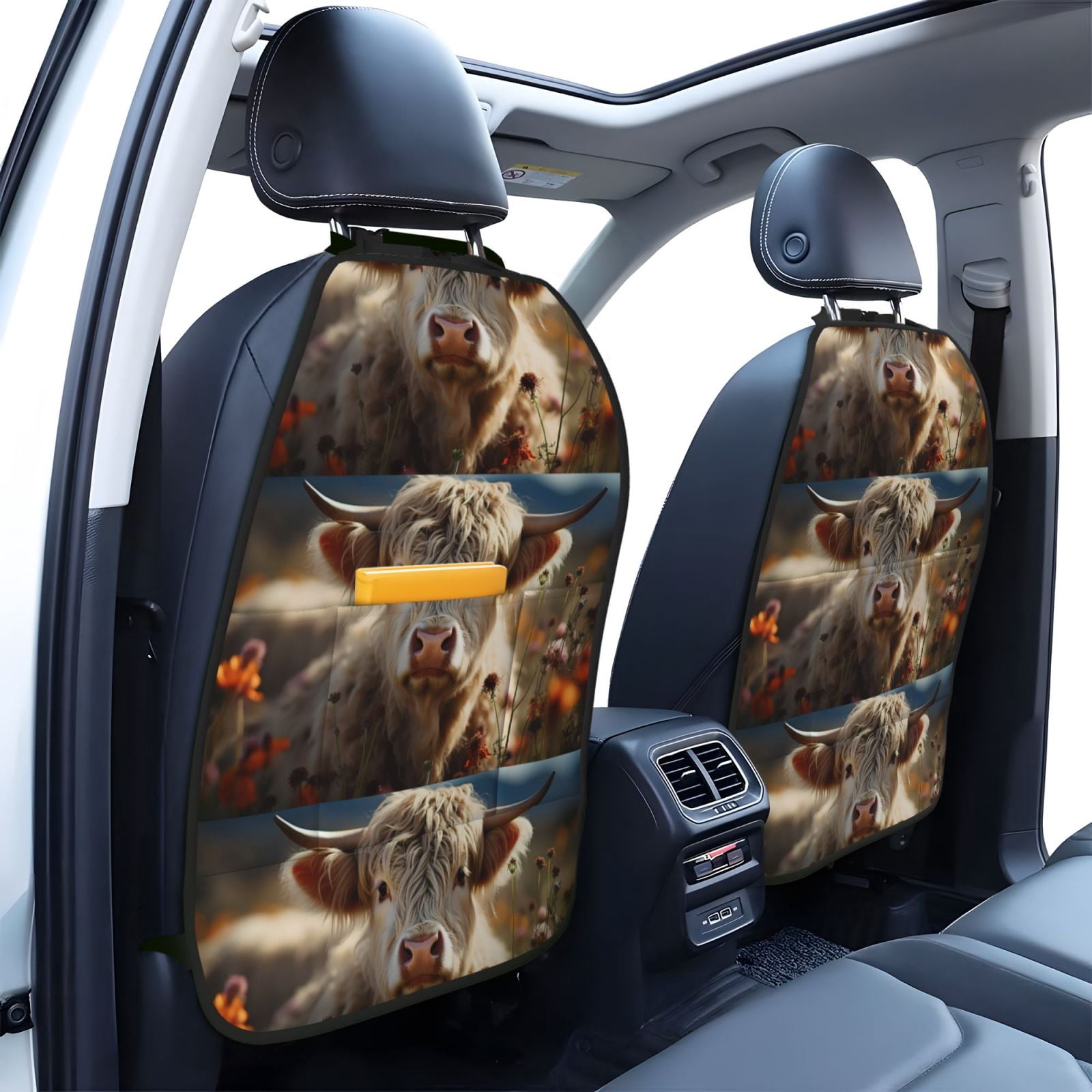 Xecao Adorable Flower Field Cow Pattern Car Seat Back Protector 2 Pack Large Capacity Pocket, Kick Mats Back Seat Protector