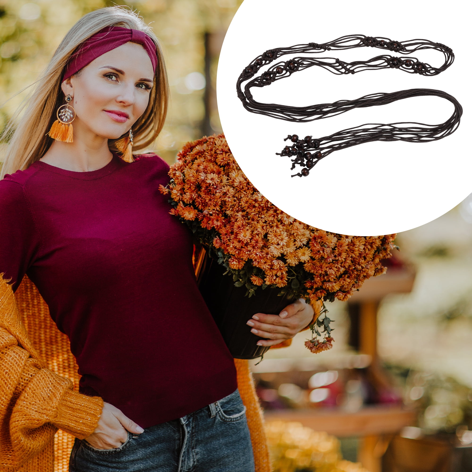 Unique Bargains Beaded Weaving Adjustable Waist Rope Fashion Accessory Coffee Color