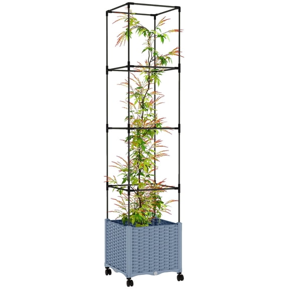 Gray Raised Garden Bed with Trellis on Lockable Wheels, Self-Watering Planter Box with Drainage, 15.7x15.7x71.7 in, Vertical Tomato Cage for Patio, Balcony and Small Outdoor Spaces