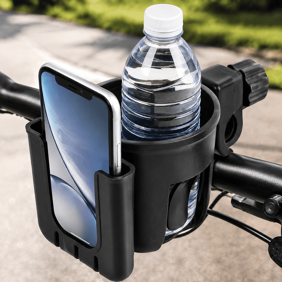 Universal Bike Cup Holder with Phone & Key Holder, Water Bottle Cage, Adjustable Handlebar Drink Can Mount for Bicycle, Motorcycle, Scooter, Black