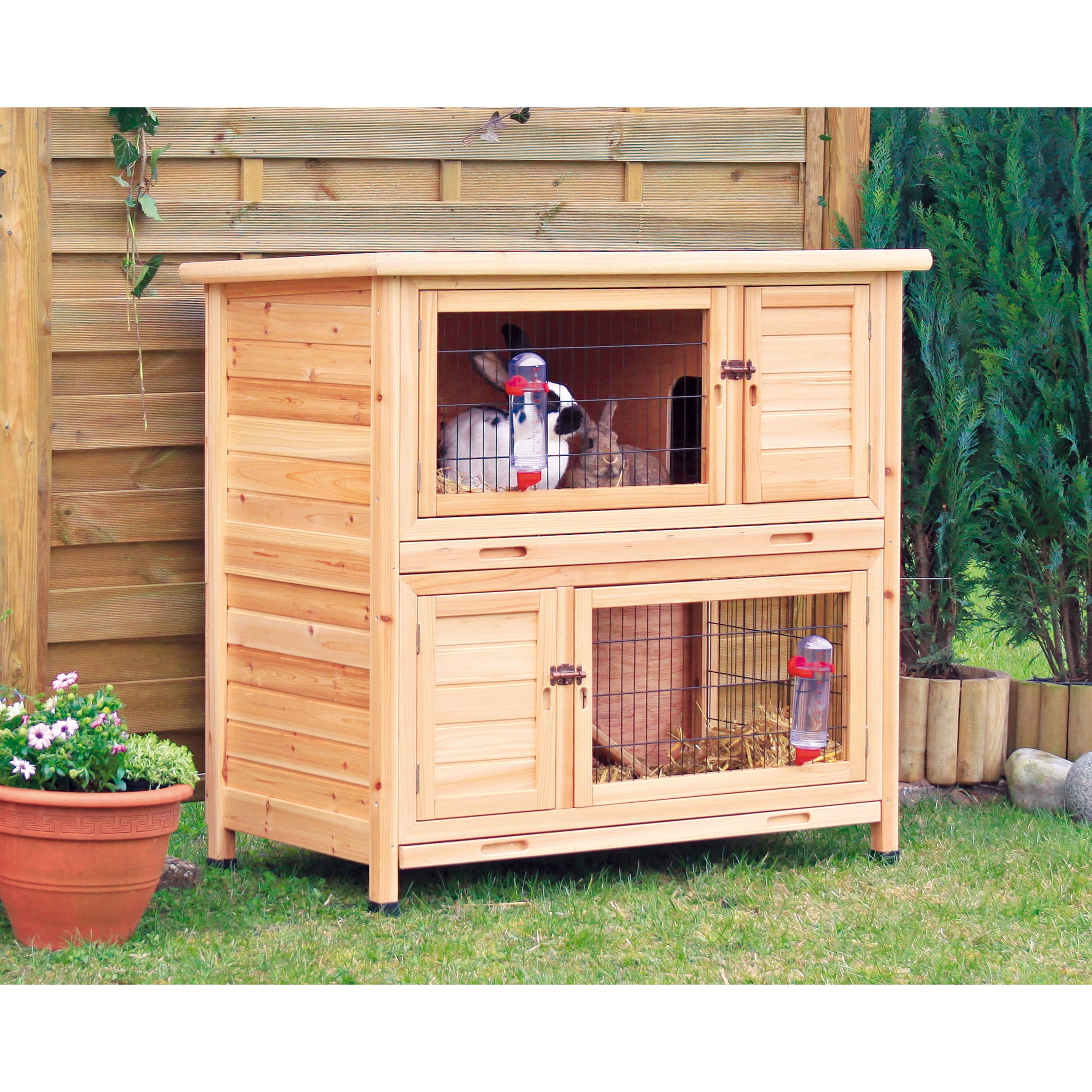 TRIXIE natura Double Weatherproof Outdoor 2-Story Wooden Small Animal Hutch with & Pull-Out Trays & Ramp, Brown