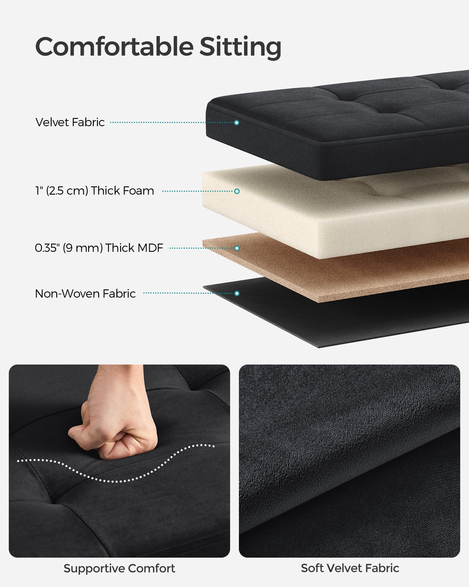 SONGMICS 43" Storage Ottoman Bench Folding Velvet Storage Footrest Stool 2 Extra Storage Boxes Removable Divider Hold up to 660 lb for Entryway Living Room Bedroom Ink Black