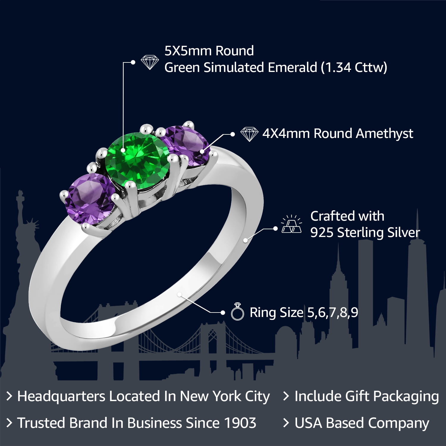 Gem Stone King 1.34 Cttw Green Simulated Emerald and Purple Amethyst 3-Stone Ring for Women | 925 Sterling Silver | Gemstone Birthstone | Wedding Engagement Anniversary Promise Ring for Women| Size 7
