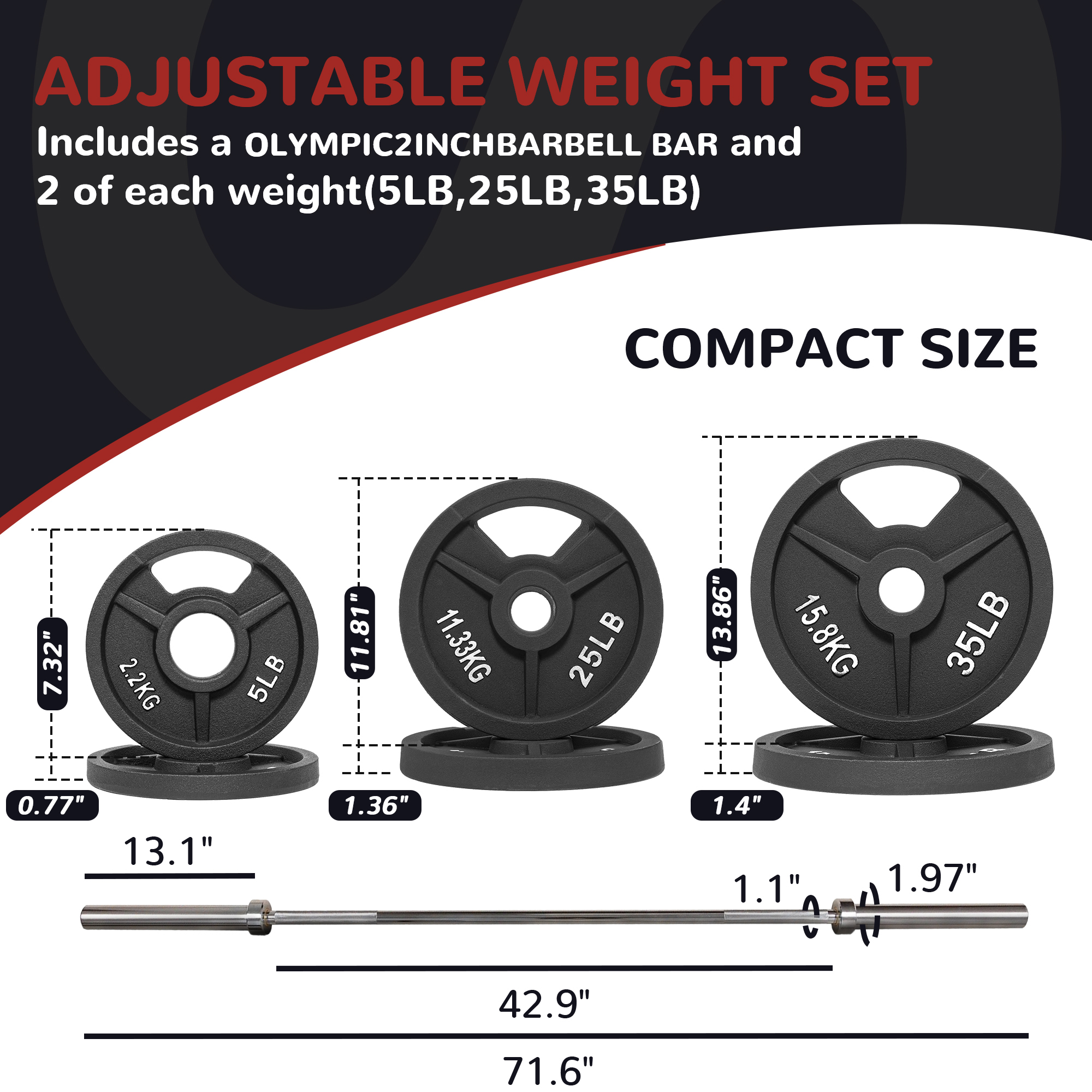 FlexWave 70LB-210LB barbell plate set, 6-foot Olympic bar + cast iron barbell plate, waterproof double scale, home and commercial use can meet a variety of needs
