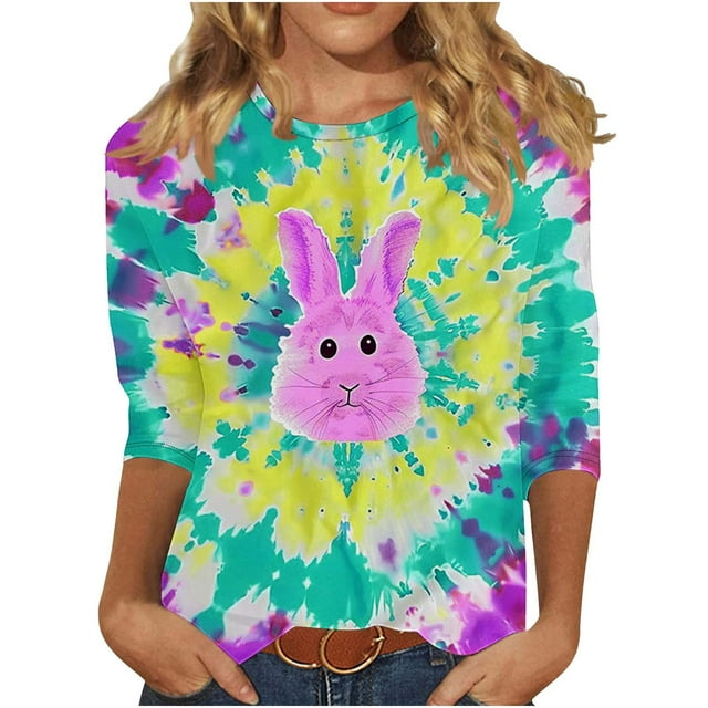 Liquidation d'Été Staron Chemises de Pâques pour Femmes T-Shirts à Manches 3/4 Col Rond Blouses Graphiques Chemises Hauts Décontractés T-Shirts Basiques T-Shirts Fluides