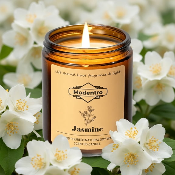 Modentro Jasmine Scented Candle, 8 oz Natural Soy Wax Candle, Floral Aromatherapy Jar Candle for Home, Bedroom, Bathroom & Relaxation