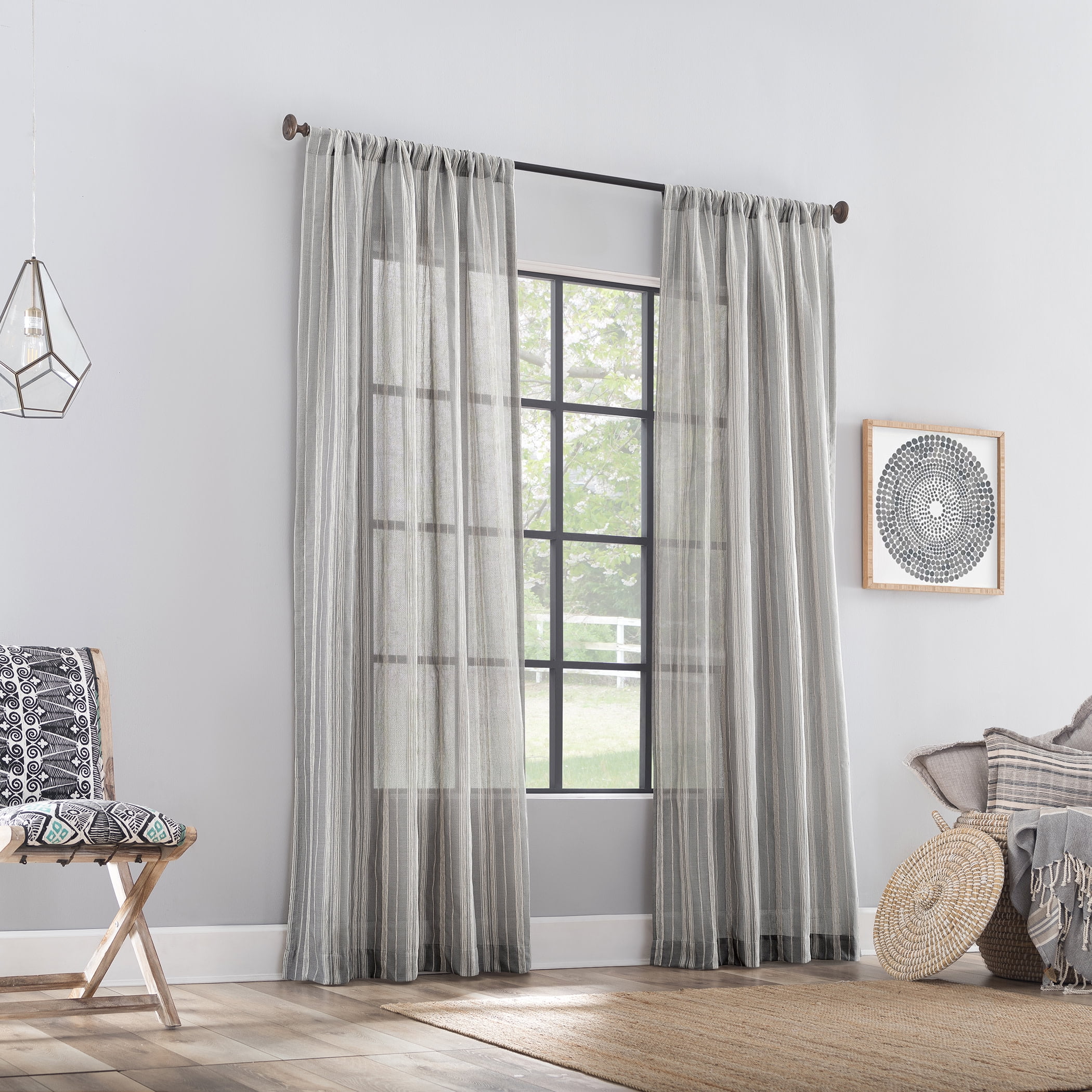 Archaeo Embroidered Stripe Linen Blend Curtain, 50"x84", 50"x84", Gray
