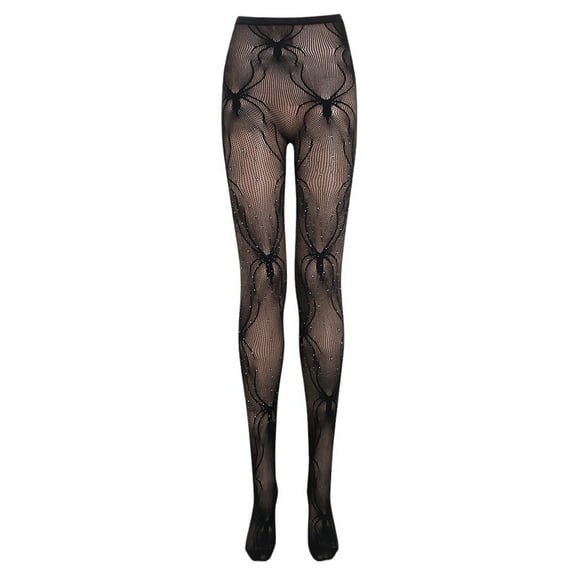Women Black Tights Halloween Spiderweb Patterned Stockings Rhinestones Sheer Hole Pantyhose Leggings Hosiery