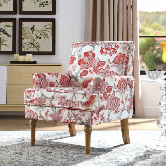 VEPXXP Floral Accent Chair with High Back & Nailhead Trim, Upholstered Armchair with Solid Wood Legs for Living Room, Bedroom, Reading Corner, Red