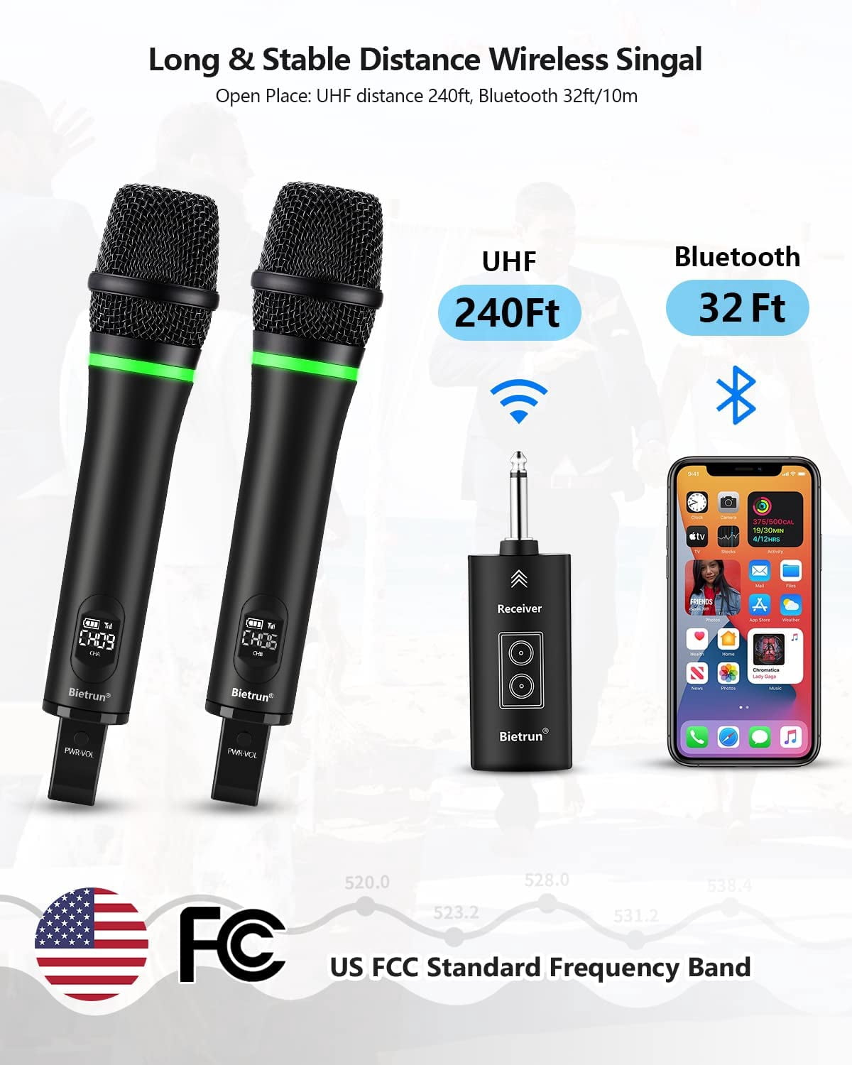 Bietrun Rechargeable Wireless Microphone, Dual Metal Cordless Handheld Dynamic Wireless Mics with 1/4'' Output for Karaoke, Meeting, Singing, Church, Wedding(UHF 240ft Range)(Receiver with Bluetooth)