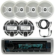 Kenwood Marine In-Dash Single DIN CD Bluetooth USB AUX Receiver, 4x 6.5" 2-Way Water Resistant 100W Speakers - White, 2x Kenwood Digital LCD Display Wired Remote, Splitter Wire, 23 Ft. Extension Wire