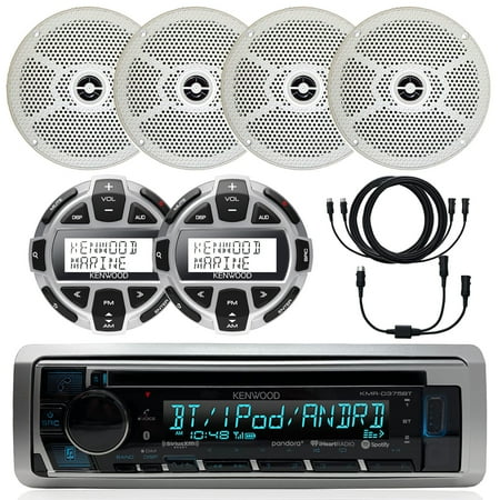 Kenwood Marine In-Dash Single DIN CD Bluetooth USB AUX Receiver, 4x 6.5" 2-Way Water Resistant 100W Speakers - White, 2x Kenwood Digital LCD Display Wired Remote, Splitter Wire, 23 Ft. Extension Wire