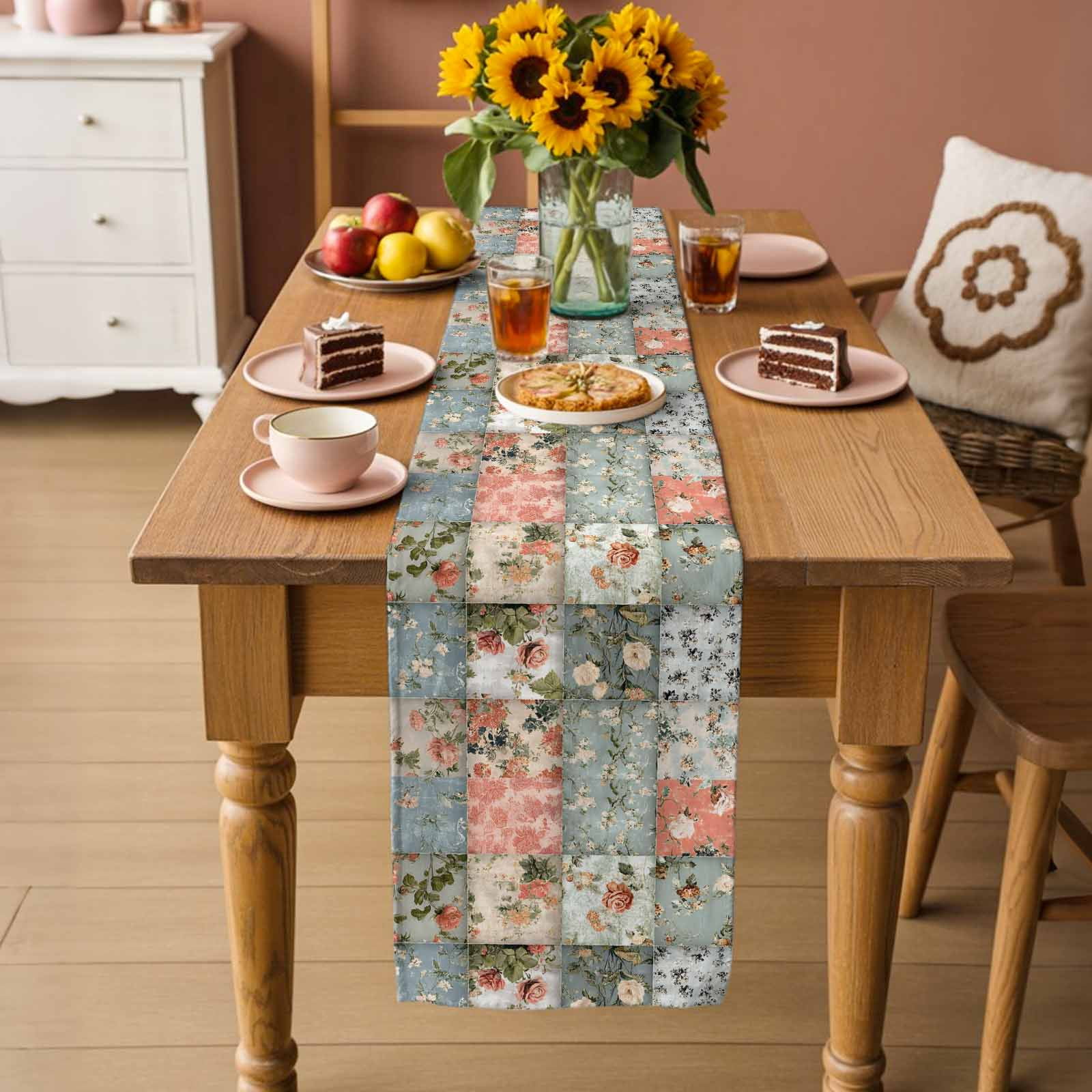 Elegant Spring Floral Cotton Linen Table Runner for Dining Kitchen, Farmhouse Summer Botanical Plaid Wedding Outdoor Party Tablerunners Decoration,Dresser Scarf Coffee Tablecloth Runners 13x90 Inches