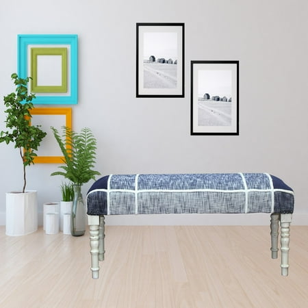 LR Home Minimal Plaid Bench Cotton Space-Saving White Legs Blue