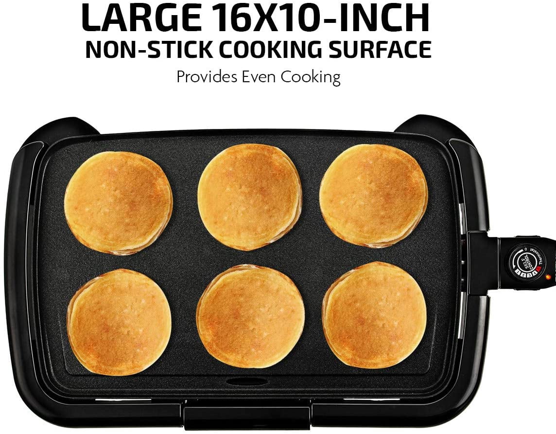 OVENTE Electric Griddle with 16 x 10 Inch Flat Non-Stick Cooking Surface, Removable and Adjustable Temperature Control, Indoor Grill for Instant Breakfast, Pancakes, Eggs or Burgers, Black GD1610B