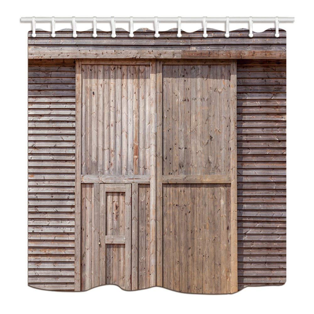 Artjia Rustic Antique Wood Wooden Barn Door In Farmland Polyester Fabric Bathroom Shower Curtain 4131