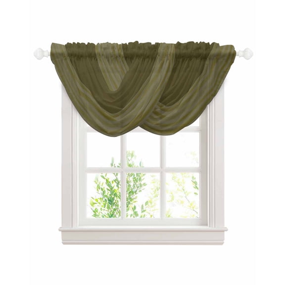 Olive Green Striped Sheer Waterfall Valance Curtains for Window, Vintage Stripes Ombre Rod Pocket Sheer Topper Swag Curtains for Living Room, Kitchen 38.5"W x 47.2"L, 2 Panels