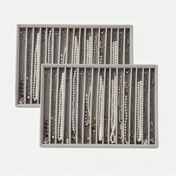 DESIGNICE Large Velvet Jewelry Tray Display Drawer Inserts 2 Pack | Stackable Jewelry Organizer for Earring Bracelet Necklace Ring Jewelry Organizers and Storage (Gray, 16 Grids)