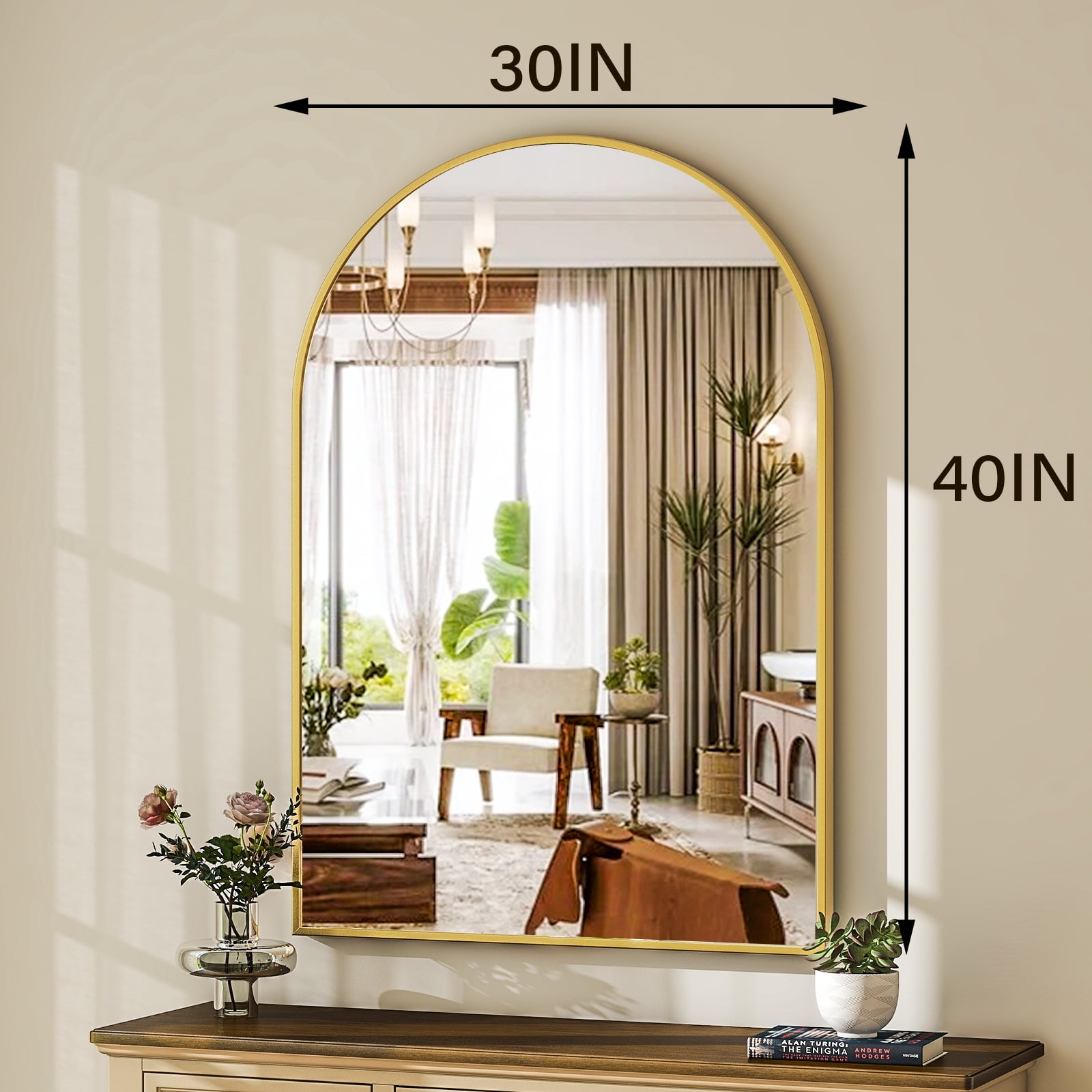 GRAHMCY 30"x40" Arched Bathroom Mirror Wall Mounted Vanity Hanging Mirror, Gold