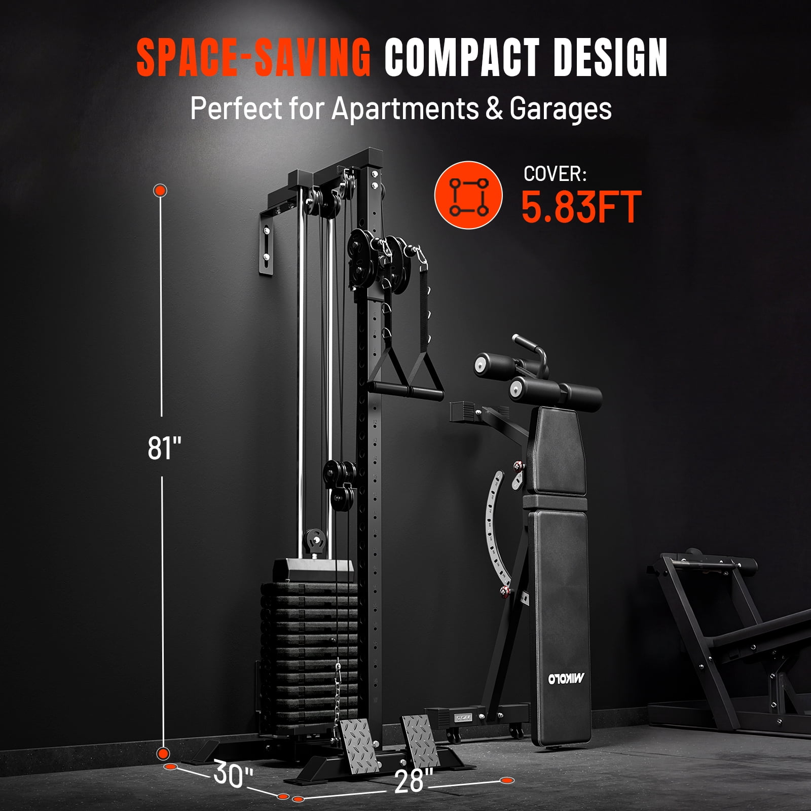 Mikolo Cable Tower Squat Stands with 200LBS Weight Stack, Wall Mounted Pulley Tower  with 1200LB Capacity Adjustable Weight Bench ,Lat Pull Down Machine for Home Gym