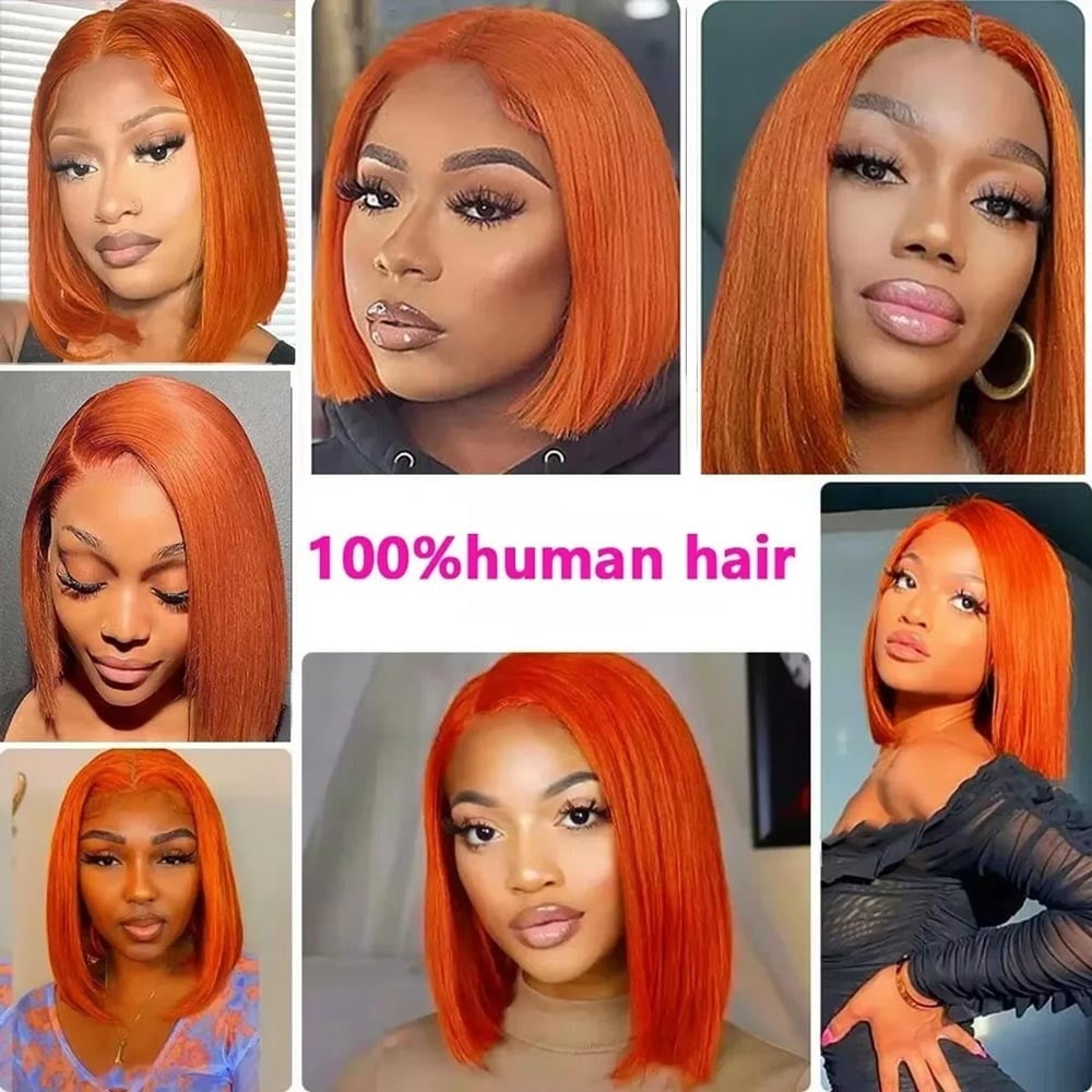 Lace Front Short Wig Orange Ginger Straight T Part Lace Transparent Frontal Wigs Human Hair