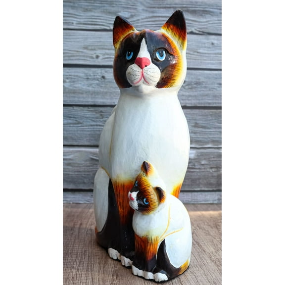 Balinese Wood Handicrafts Adorable Blue Eyed Feline Cat & Kitten Family Figurine