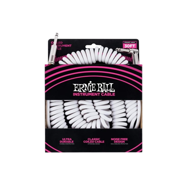 Ernie Ball - Cable en espiral para instrumentos, recto/acodado, 9,1 m, color blanco