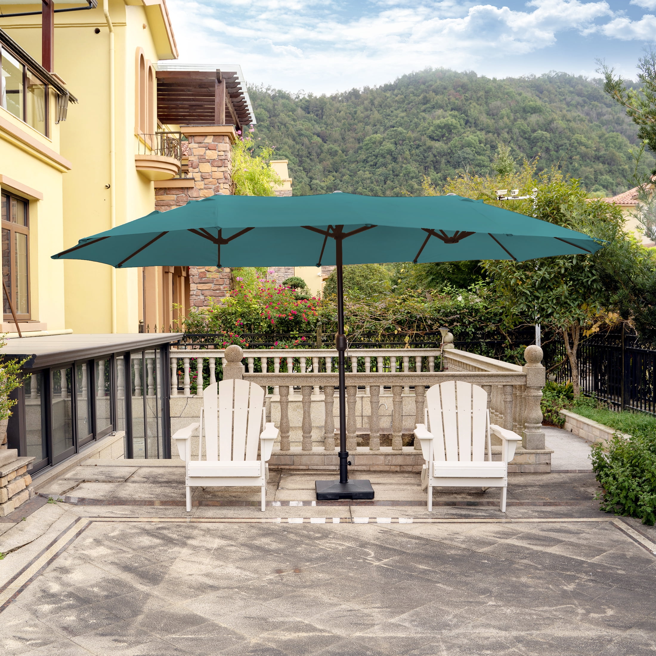 WestinTrends 15 x 9 Ft Twin Double Sided Outdoor Umbrella, Large Rectangle for Patio Balcony with Crank Lift (Base Not Included), Dark Green