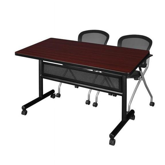 48" x 30" Flip Top Mobile Training Table w/ Divider-Mahogany & 2 Nesting Chairs