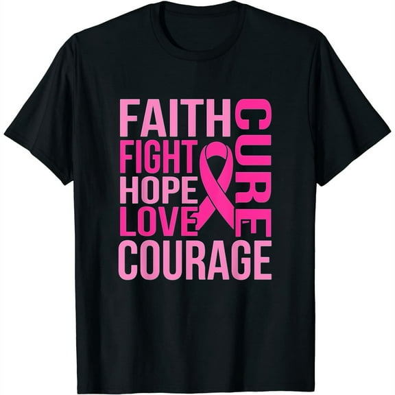 Womens Faith Fight Cure Breast Cancer Awareness Pink Ribbon Graphic T-Shirt Black Small