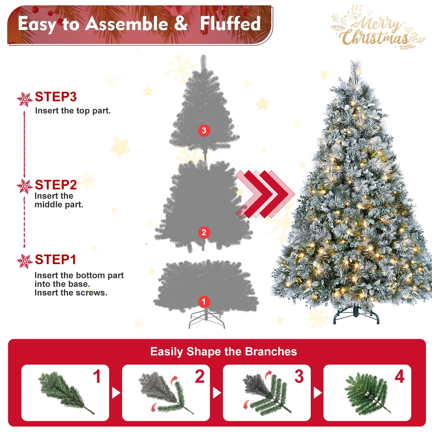 4ft Prelit Flocked Christmas Tree with Eucalyptus Leaves 404 Tips 150 LED Lights Metal Stand Indoor Decor