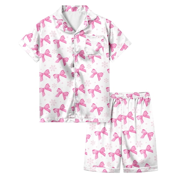JAJAHO Girls Clothes 2PCS Outfits Home Clothes Set Valentine's Day Bow Printed Short Sleeve Button Up Lapel Top Shorts Cozy Outfit