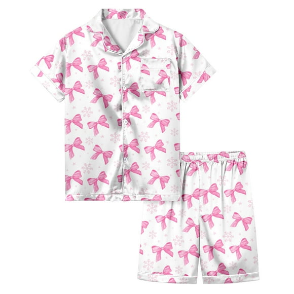 Kids Silk Pajama Set for Girls Boys Bow Pajamas Button Down Solid Tops T Shirt Set Classic Loungewear Girls Christmas Pajamas 8-9 Years Kids Clothes