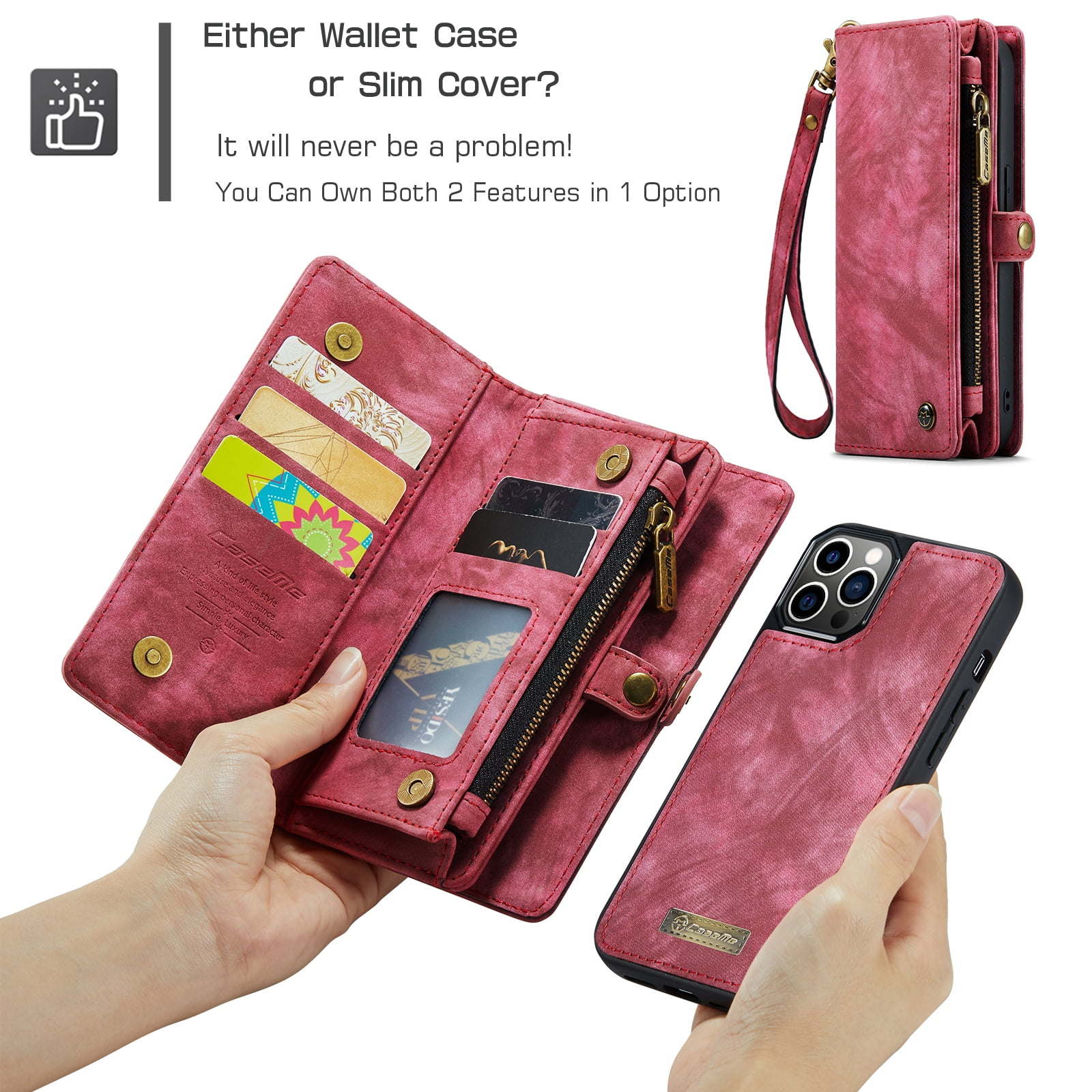 Feishell Durable 2-In-1 Magnetic Detachable Wallet Case for iPhone 12 Pro Max,for Women Men,Premium PU Leather Zipper Pocket Flip Multi Card Slots Purse Phone Case with Wrist Strap,Red