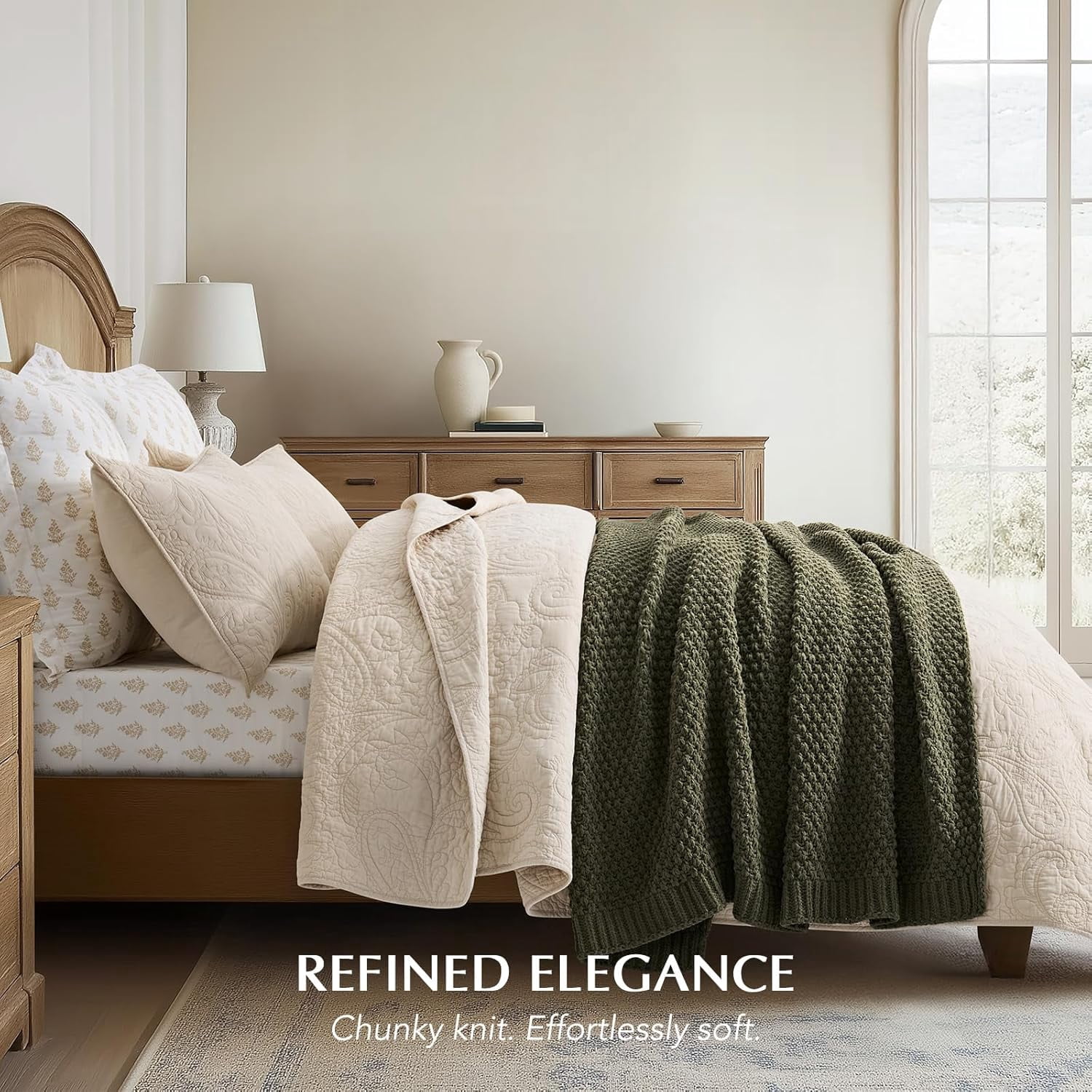 EVERGRACE Chunky Chenille Knit Throw Blanket for Couch, Soft Luxurious Moss Stitch Blankets for Bed, Cozy Decorative Farmhouse Knitted Throws for Sofa, Olive Green, 50" x 60"