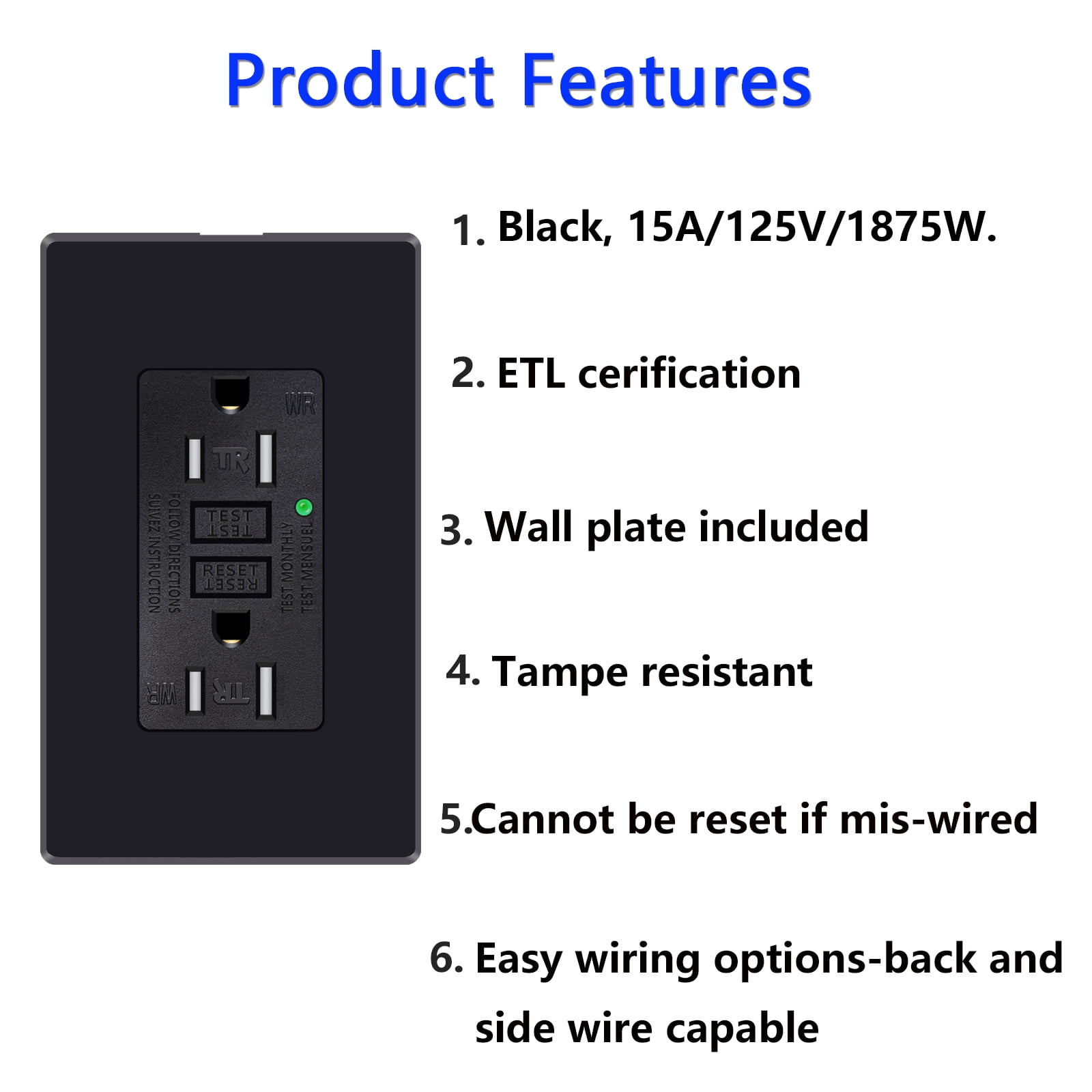GREENCYCLE 5PK 15A / 125V Tamper Resistant Weather Resistant GFCI Outlets with LED Indicator Decorative Wall Plates Screws Included Residential and Commercial Grade ETL Certified Black