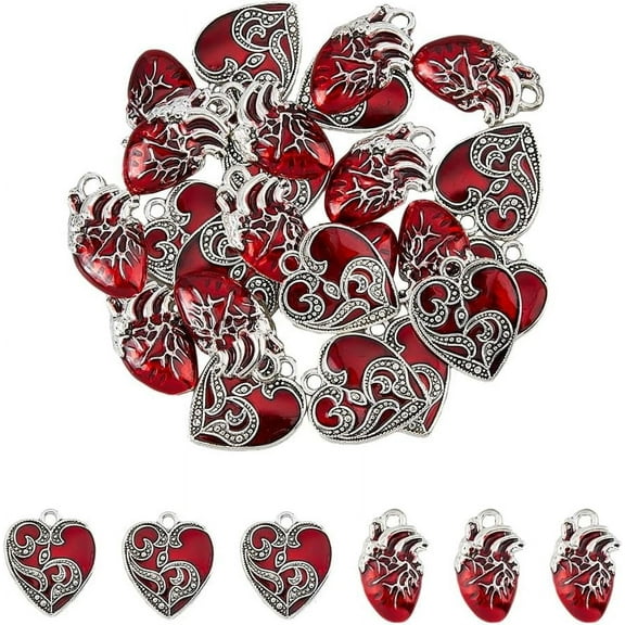 24Pcs 2 Styles Red Heart Pendants Alloy Enamel Heart Pendants Silver Charms Love Heart Pendants
