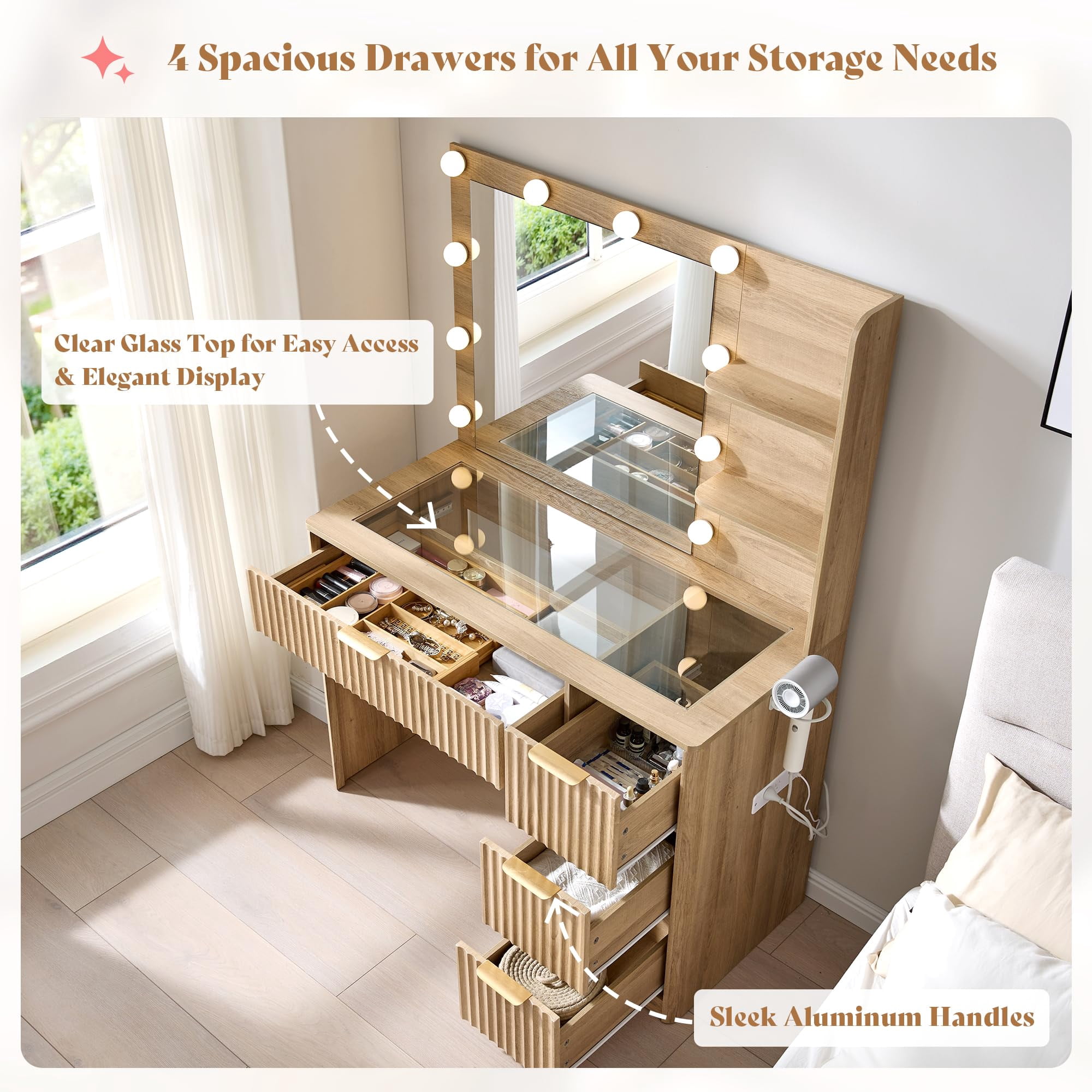 Merluxy 36.2" Girls Vanity Desk with Mirror and Adjustable LED Lights, 4 Drawers Makeup Table with Glass Top and Charging Station, Oak