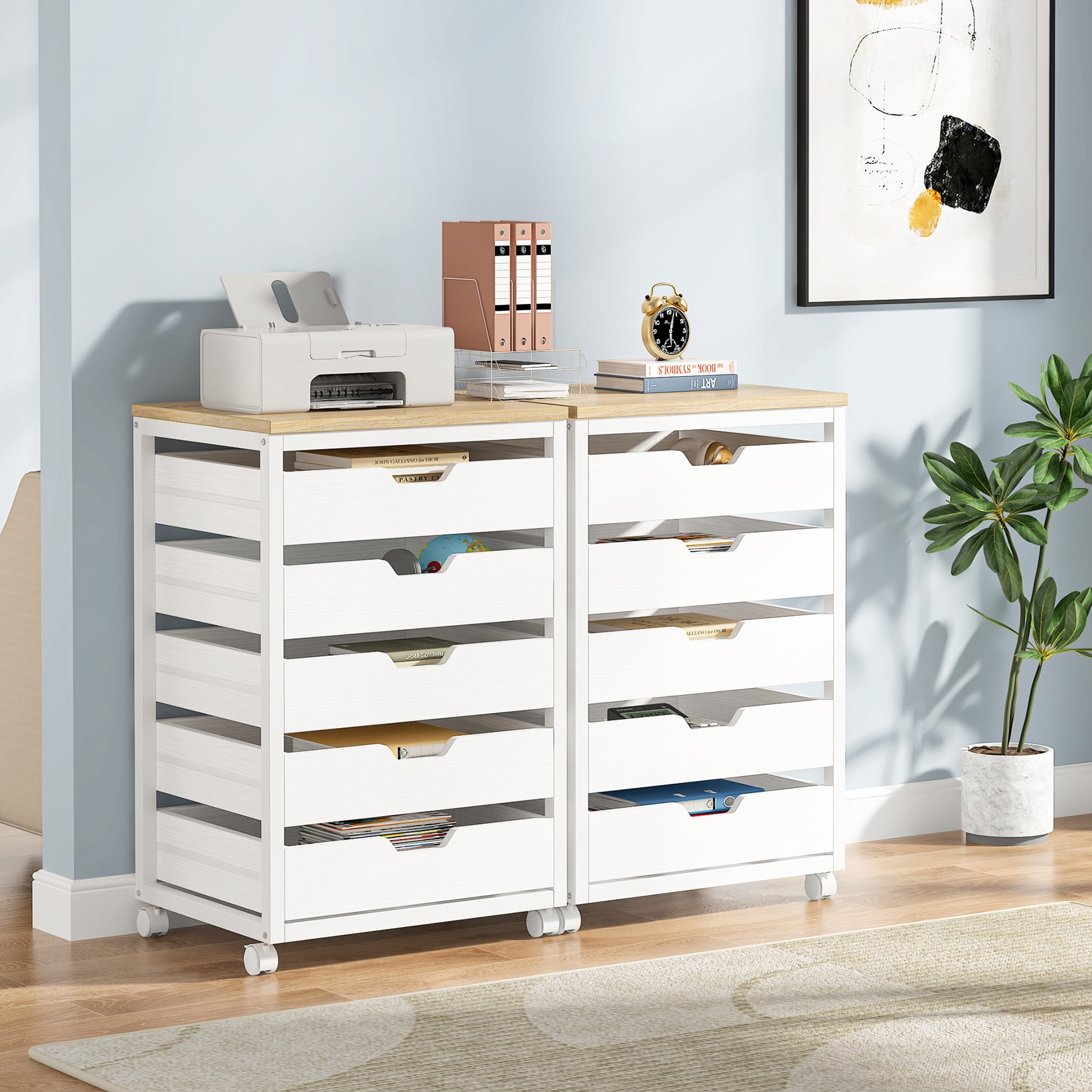 Tribesigns Modern 5-Drawer Dresser for Bedroom, Small Portable Chest of Drawers with Wheels and Metal Frame for Living Room, White