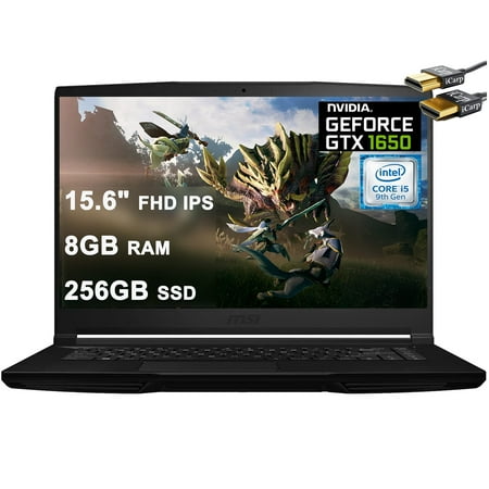 MSI GF63 Thin and Light Flagship Gaming Laptop Computer 15.6" FHD IPS Display Intel Quad-Core i5-9300H (>i7-7700HQ) 8GB DDR4 256GB SSD Geforce GTX 1650 Max-Q 4GB WiFi Win10 + HDMI Cable