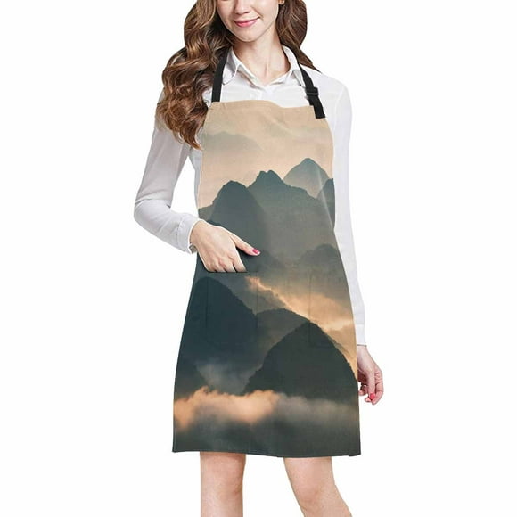 HATIART Clouds Layer On Valleys Mountain Landscape Adjustable Bib Apron with Pockets Commercial Restaurant and Home Kitchen Apron for Women Men