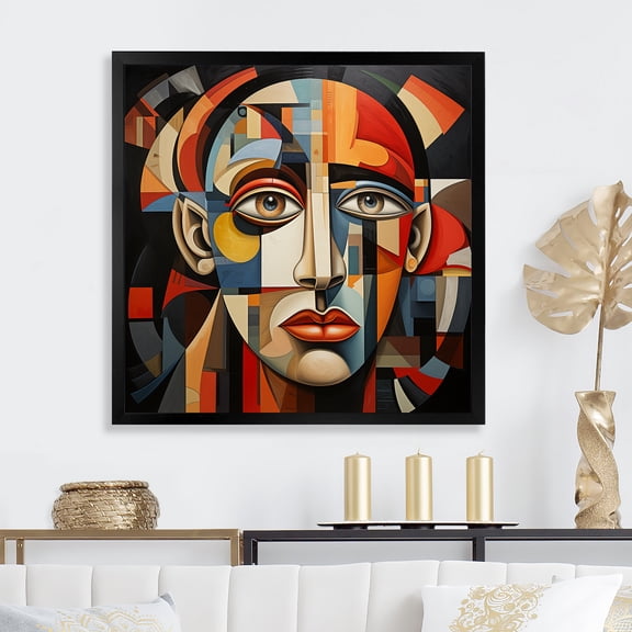 Designart "Cubism Portrait Inspired by Pablo Picasso II" Fashion Framed Wall Art Decor - Glam Red Woman Abstract Entryway Framed Wall Art