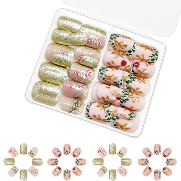 48 Pcs Short Square False Nail Christmas Press On Nail Candy Cane Artificial Nail Lovely Elk Stick on Nail for Woman