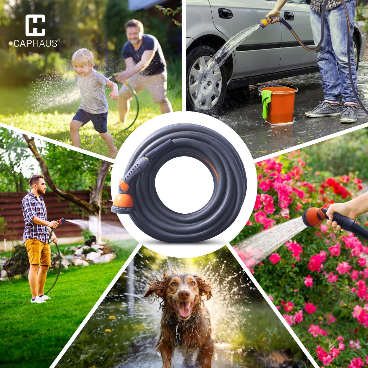 CAPHAUS 75ft Garden Hose 5/8 Inch Water Hose with 3/4 Inch NH Solid Brass Fittings, Leak-Proof Construction, Outdoor Durable PVC Flexible Lightweight Hose Working Pressure 350 PSI for All-Weather