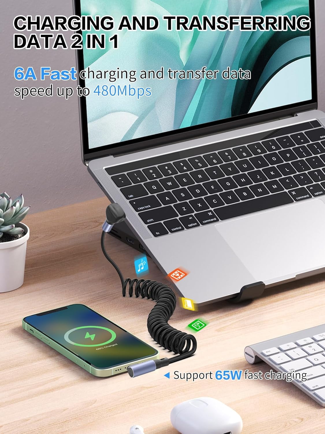 90-degree spiral to cable 3.2 feet 6/65 fast charging and data transmission retractable right-angle short cable suitable for mobile phones, Android cars (right-angle)