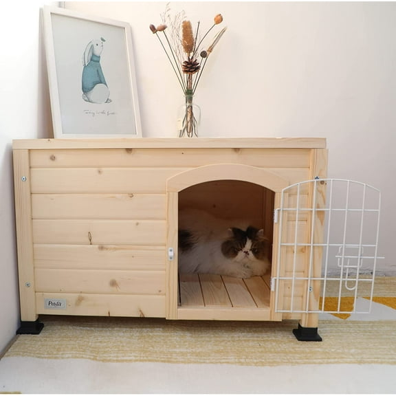 Petsfit Indoor Dog House Ventilate Wood Cat Houses with Elevated Floor&Anti-Slip Bottom Natural Wood Small