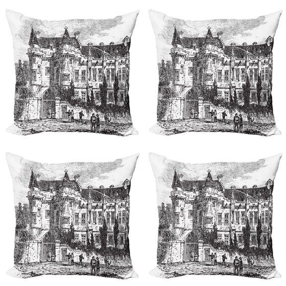 Ambesonne City Throw Pillow Cover 4 Pack, Nostalgic Falkland Palace UK, 20", Charcoal Grey and White