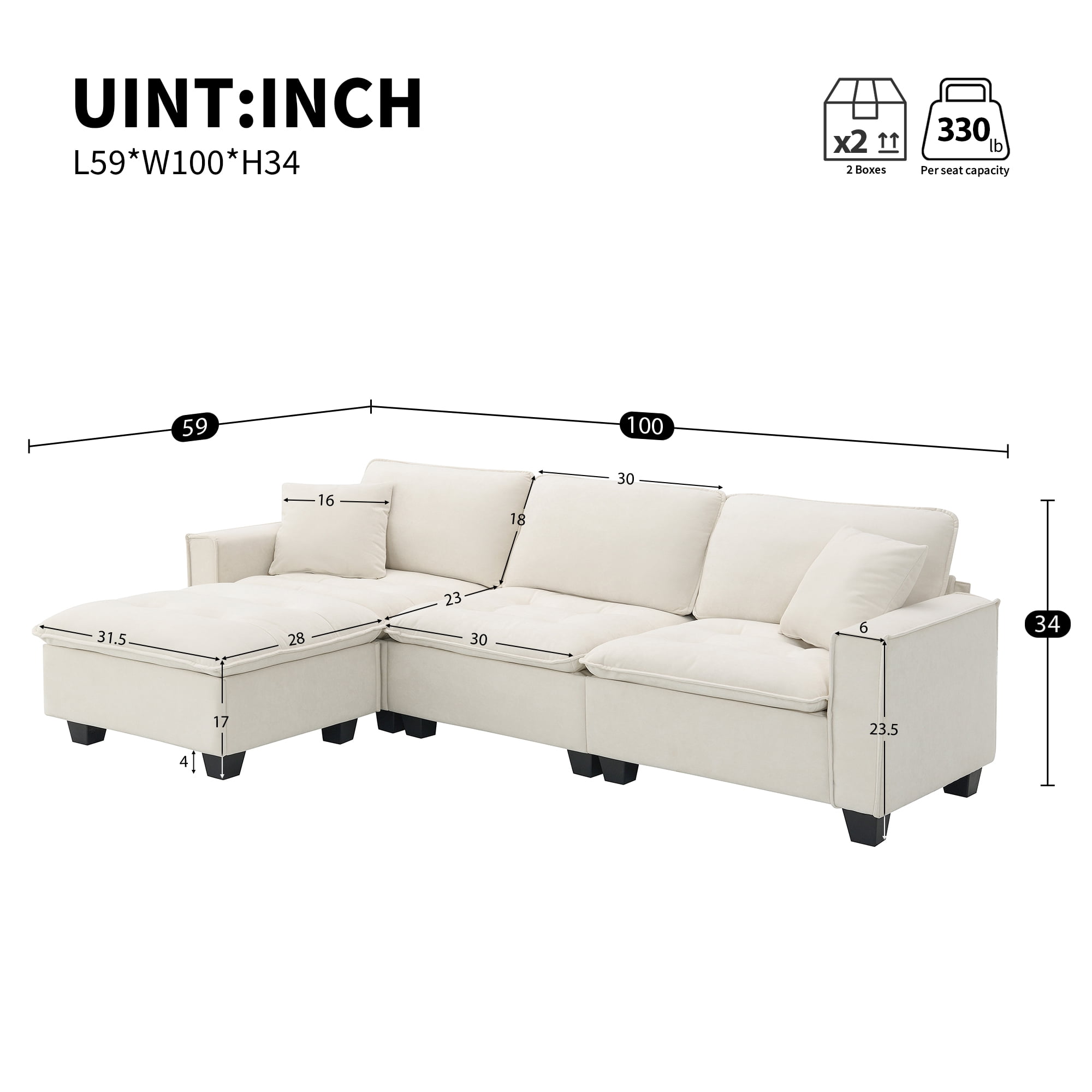 MAYEERTY 100x59" Modern Convertible Sectional Sofa - L-Shaped Reversible 4-Seat Suede Velvet Sleeper with Pillows/Ottoman for Living Room/Apartment, 3 Colors